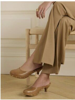 FSJ Brown Retro Round Closed Toe Mules Wooden Kitten Heel Trendy Studded Sandals